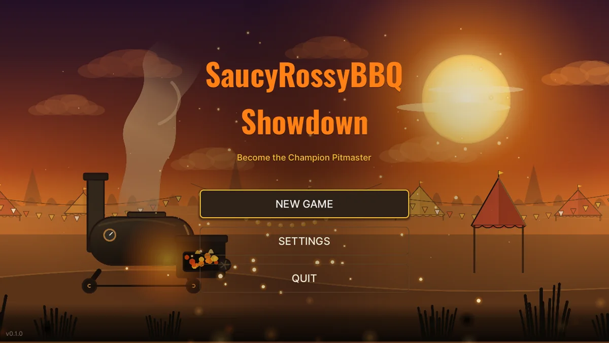 SaucyRossyBBQ Showdown title screen — an offset smoker at sunset